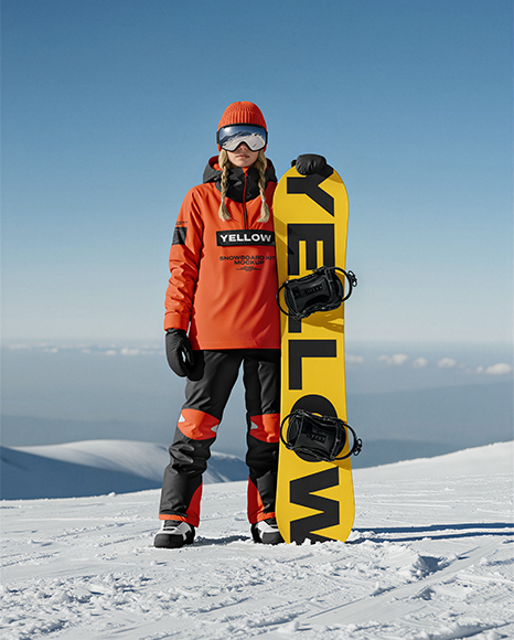 Young Woman Wearing Full Snowboard Kit Mockup