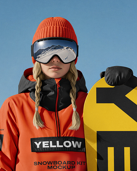 Young Woman Wearing Full Snowboard Kit Mockup