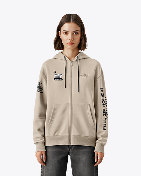 Young Woman Wearing Full-Zip Hoodie Mockup