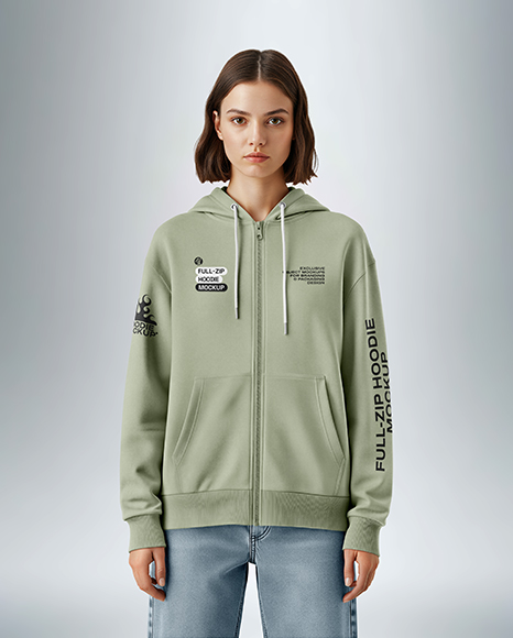 Young Woman Wearing Full-Zip Hoodie Mockup