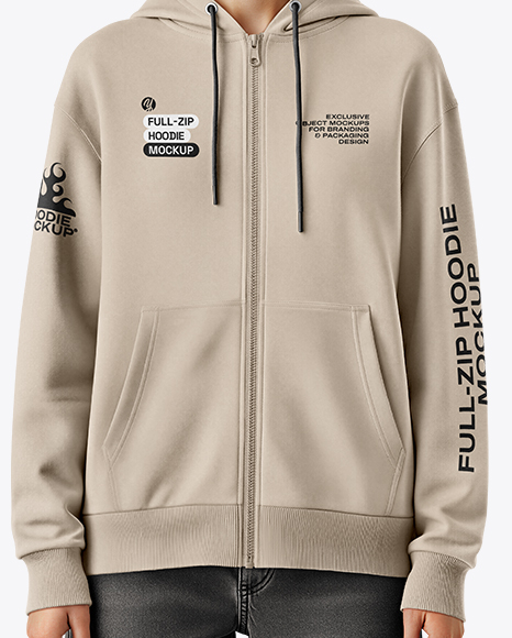 Young Woman Wearing Full-Zip Hoodie Mockup