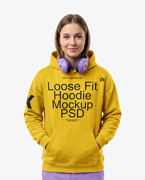 Young Woman Wearing Hoodie with Headphones Mockup