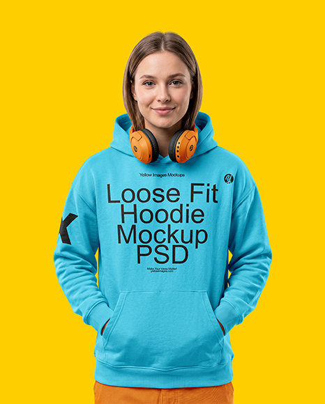 Young Woman Wearing Hoodie with Headphones Mockup