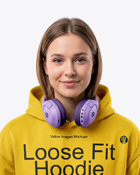 Young Woman Wearing Hoodie with Headphones Mockup