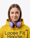 Young Woman Wearing Hoodie with Headphones Mockup