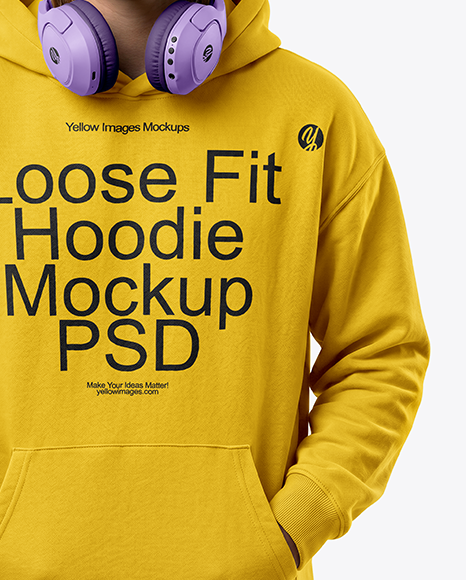 Young Woman Wearing Hoodie with Headphones Mockup