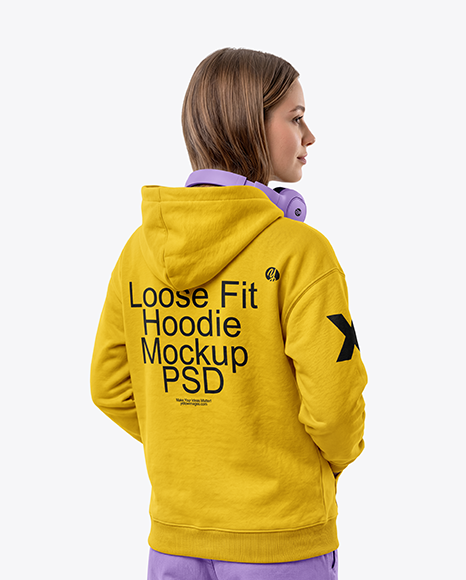 Young Woman Wearing Hoodie with Headphones Mockup