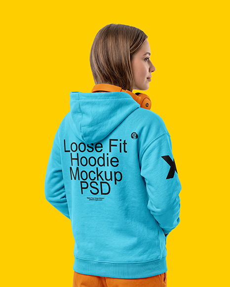 Young Woman Wearing Hoodie with Headphones Mockup