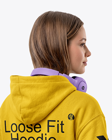 Young Woman Wearing Hoodie with Headphones Mockup