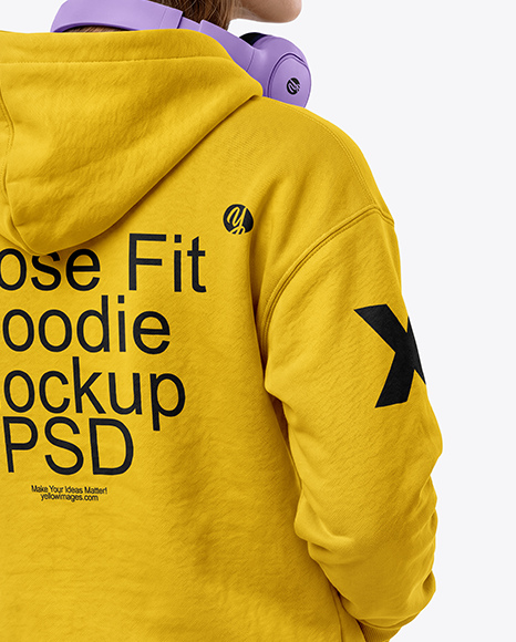Young Woman Wearing Hoodie with Headphones Mockup