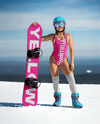 Young Woman Wearing Swimsuit with Snowboard Mockup