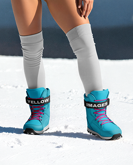 Young Woman Wearing Swimsuit with Snowboard Mockup