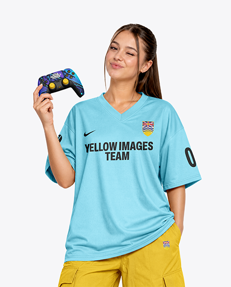 Young Woman with Game Controller Wearing eSports Jersey Mockup