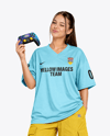 Young Woman with Game Controller Wearing eSports Jersey Mockup