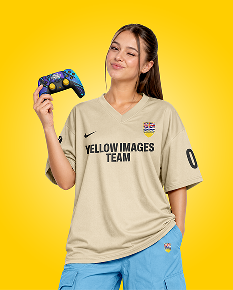 Young Woman with Game Controller Wearing eSports Jersey Mockup