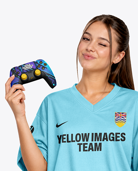 Young Woman with Game Controller Wearing eSports Jersey Mockup