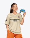 Young Woman with Game Controller Wearing eSports Jersey Mockup