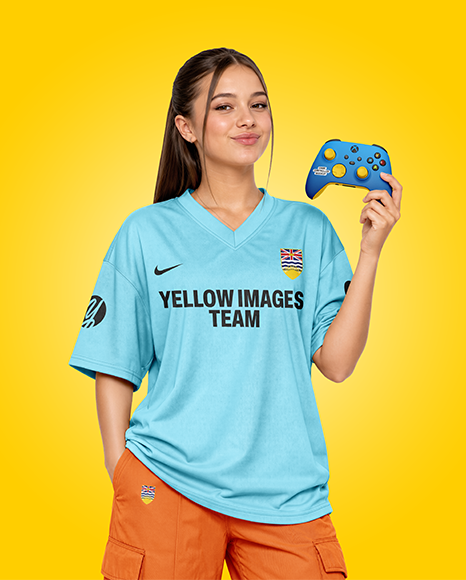 Young Woman with Game Controller Wearing eSports Jersey Mockup