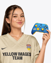 Young Woman with Game Controller Wearing eSports Jersey Mockup