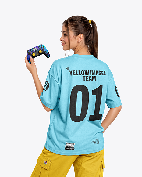 Young Woman with Game Controller Wearing eSports Jersey Mockup