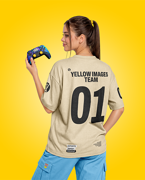 Young Woman with Game Controller Wearing eSports Jersey Mockup