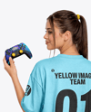Young Woman with Game Controller Wearing eSports Jersey Mockup