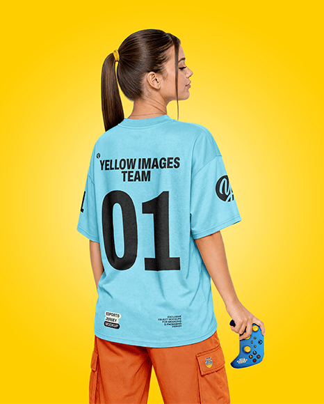 Young Woman with Game Controller Wearing eSports Jersey Mockup