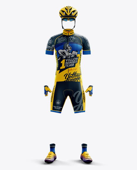 Full Men's Cycling Kit Mockup - Front View in Apparel Mockups on Yellow