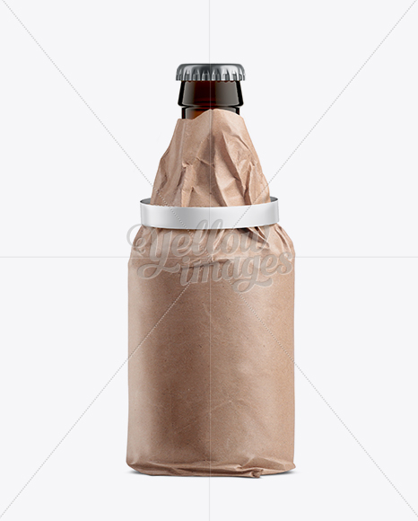 33cl Steinie Beer Bottle Wrapped in Kraft Paper with Ribbon Mockup in