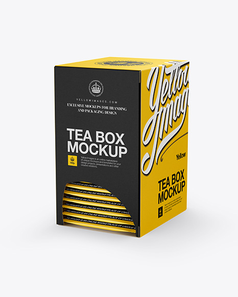 Tea Box W/ Sachets Mockup - Halfside View in Box Mockups on Yellow