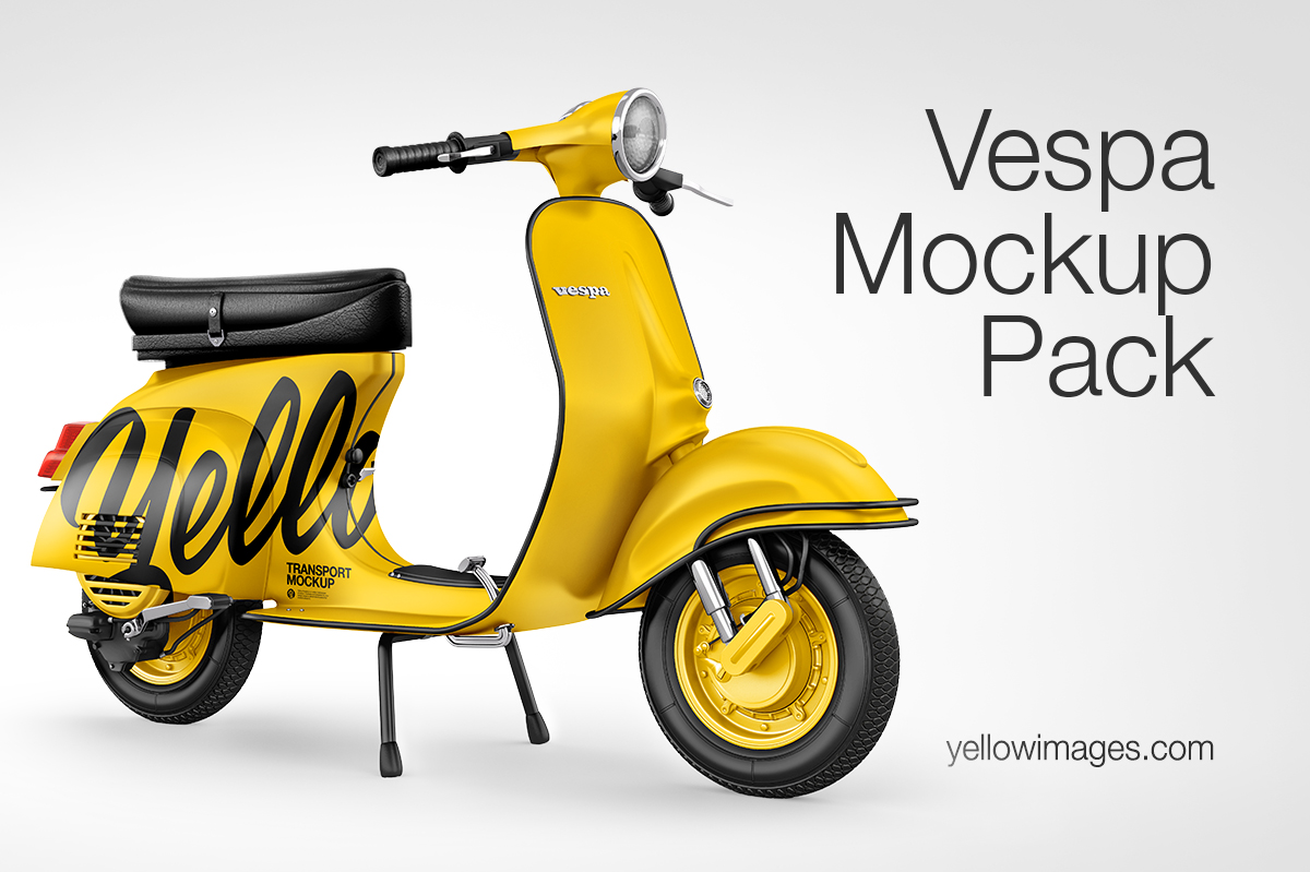 Download Vespa Scooter Mockup Pack in Handpicked Sets of Vehicles on Yellow Images Creative Store