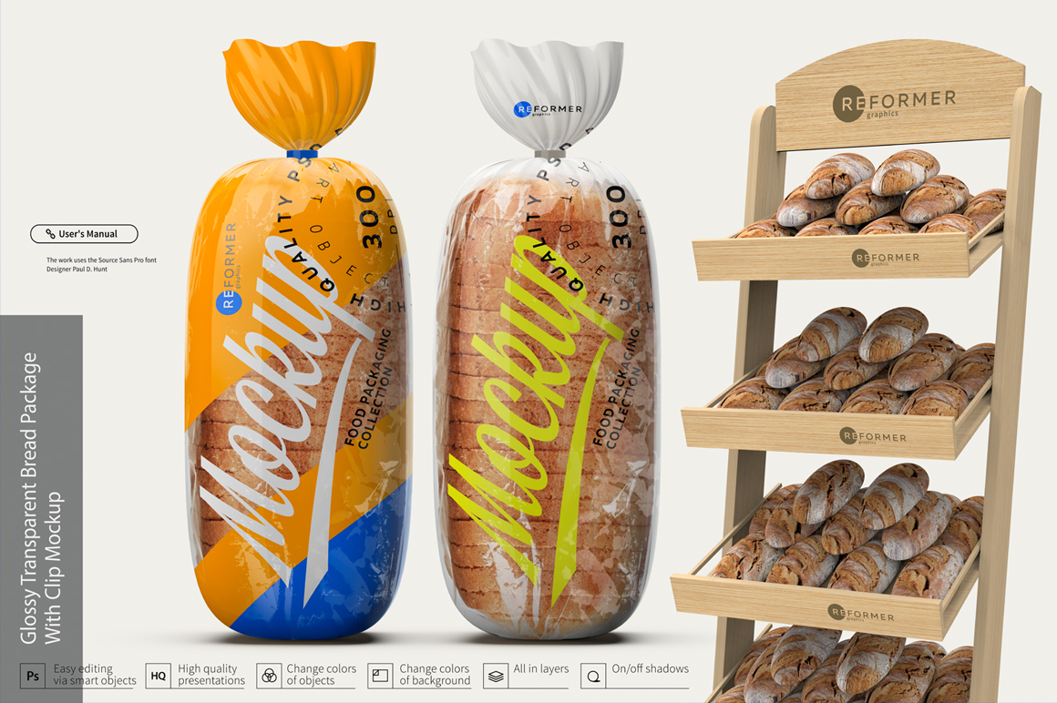 Download Glossy Transparent Bread Package with Clip Mockup in ...