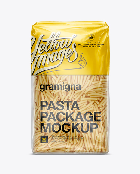 Download Gramigna Pasta Package Mockup in Bag & Sack Mockups on Yellow Images Object Mockups