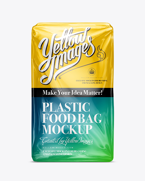 Plastic Food Package Mock-Up in Bag & Sack Mockups on Yellow Images